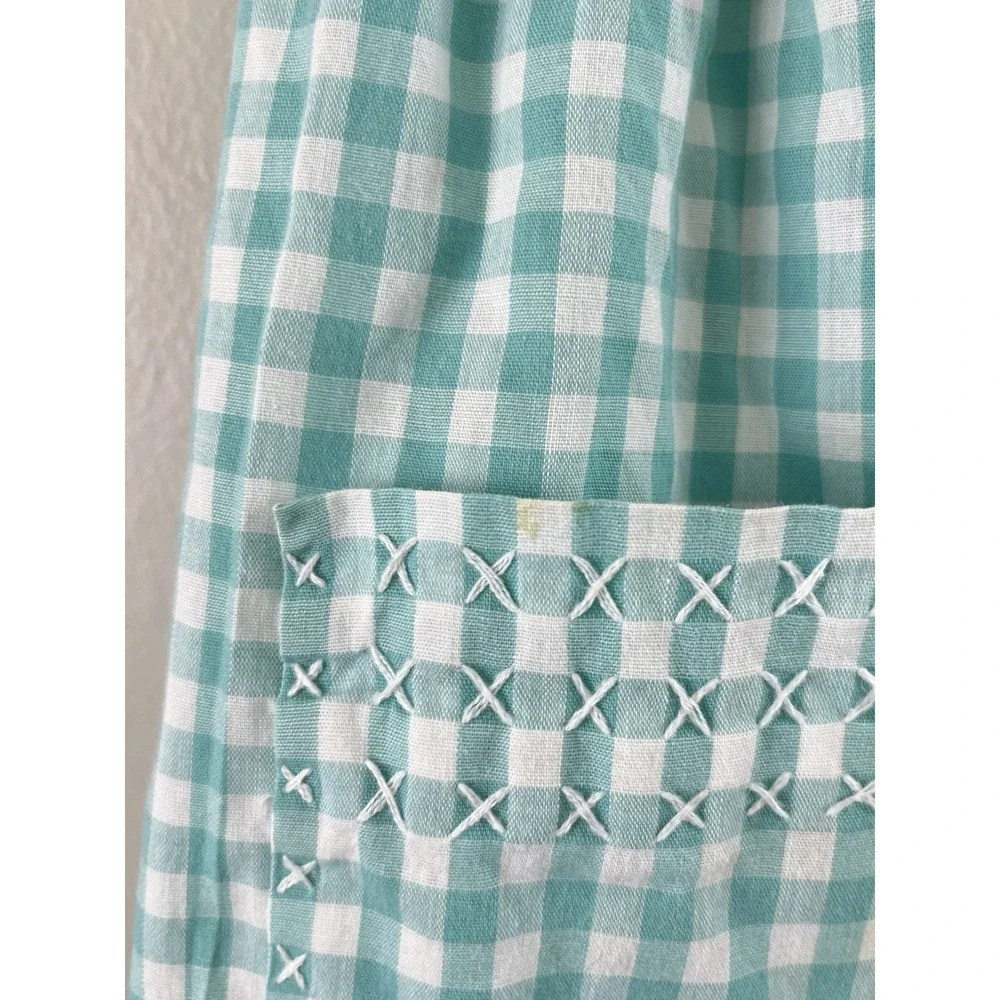 Half Apron Aqua Gingham Check White Cross-stitch Hand Made Pleated Vintage